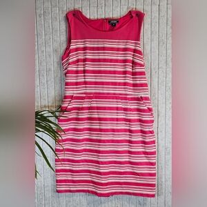 Lands’ End Women’s 16 Sleeveless Stripe Sheath Dress Pink White Pockets